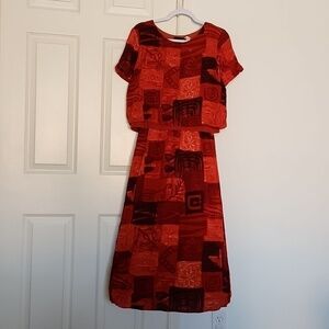 Vintage Benjamin A. Red & Black Fall Tribal Flowy Top Midi Dress. SIZE 14 Petite